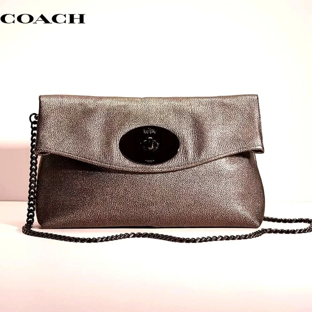 Coach Metallic Gold crossbody Shoulder Bag Clutch Signature Turnlock Chain Purse